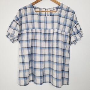Peasent Top Boho Cottagecore Cotton Plaid Short Ruffle Sleeve Size 12 (AU 16)